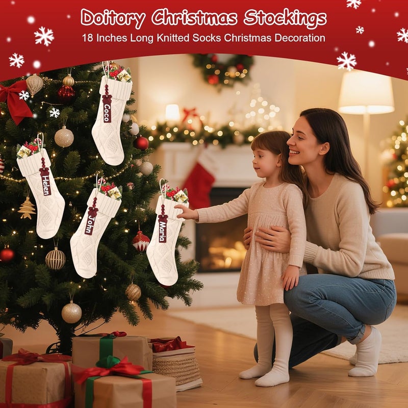 Doitory Store Christmas Stockings 18 Inches,Long Knitted Stocking with Name Tags, Christmas Decoration Hanging Stockings Fireplace Xmas Tree Ornaments for Home Family - Image 2